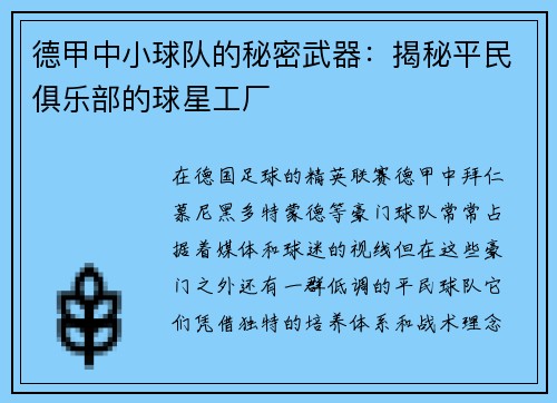 德甲中小球队的秘密武器：揭秘平民俱乐部的球星工厂