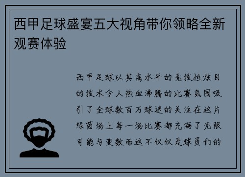 西甲足球盛宴五大视角带你领略全新观赛体验